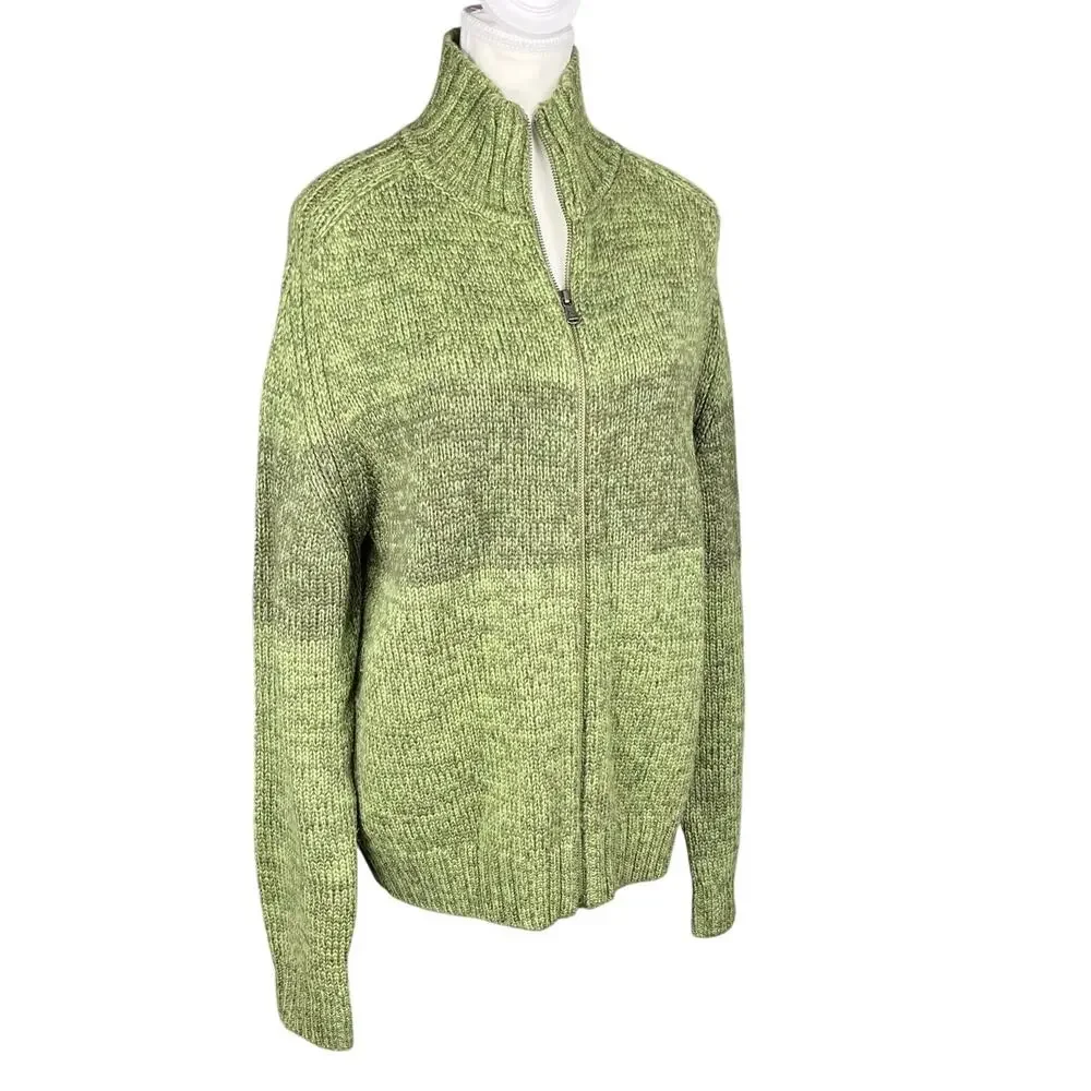 Aigle Mens Wool Zip Up Cardigan Sweater Knit Green‎ Stripe Grunge Y2K Medium